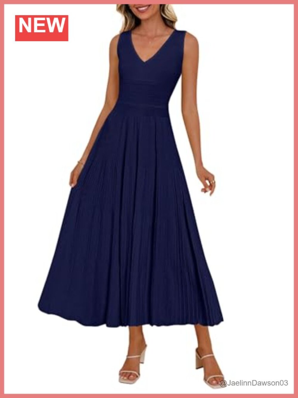 Pleated V Neck Midi Dress Sleeveless A Line Cocktail